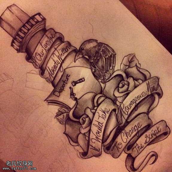 手稿十字玫瑰鸟纹身图案