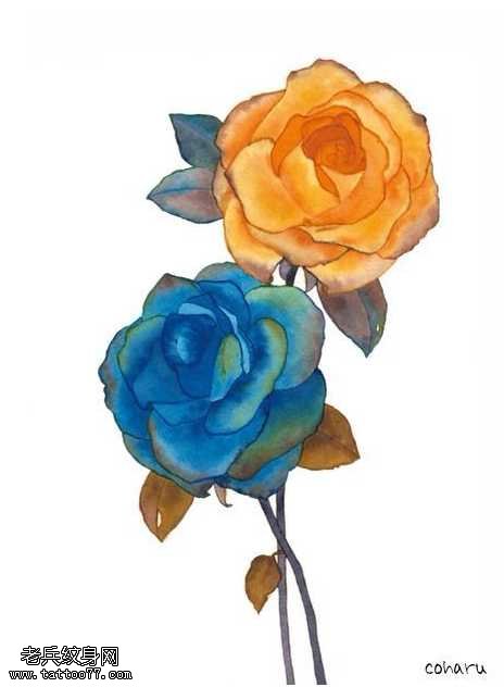 手稿蓝黄玫瑰纹身图案