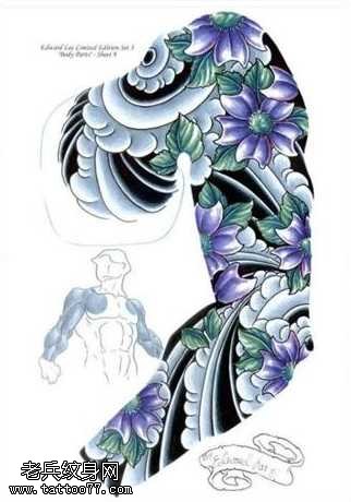 半胛手稿水浪花纹身图案