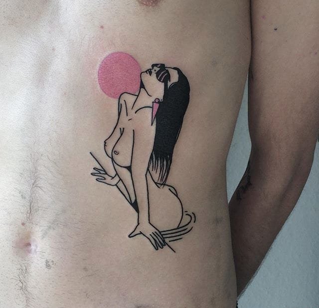 粉色线条人物纹身图案