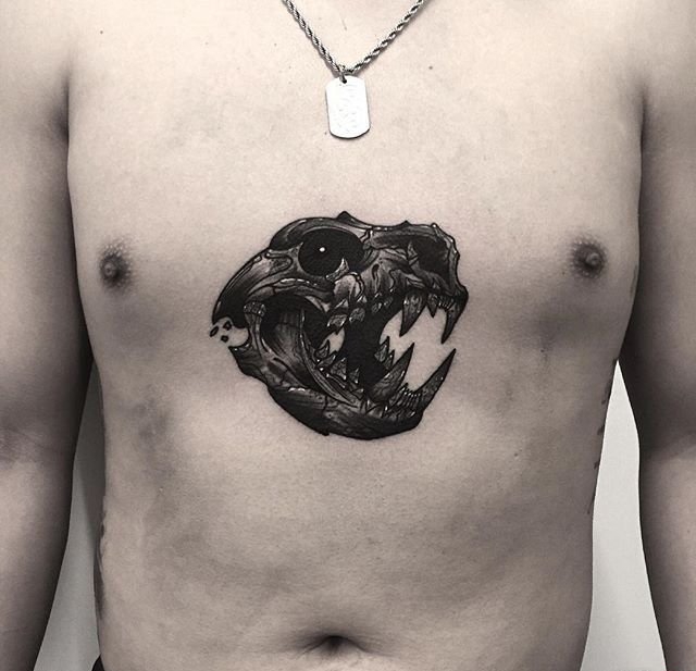 大腿上的黑色狼头纹身图案