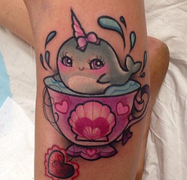 超可爱超萌的粉色独角鲸纹身图案