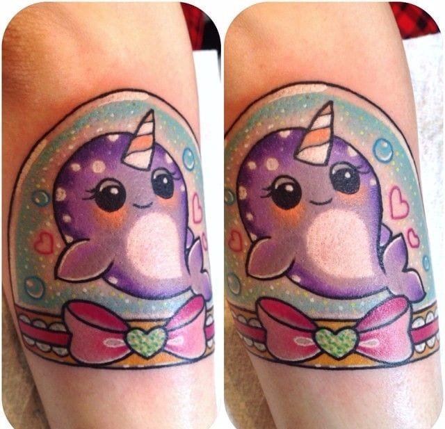 超可爱超萌的粉色独角鲸纹身图案