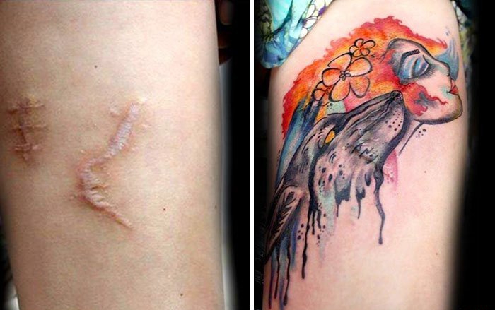 红得漂亮的梅花枝覆盖伤疤纹身图案