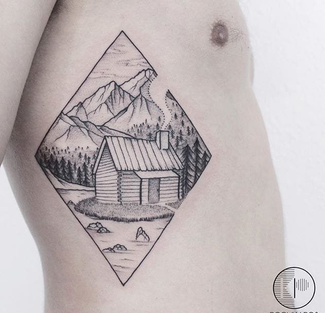 大腿上的圆形细线浪花文字纹身图案