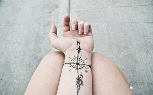 女孩手腕上的指南针纹身图案