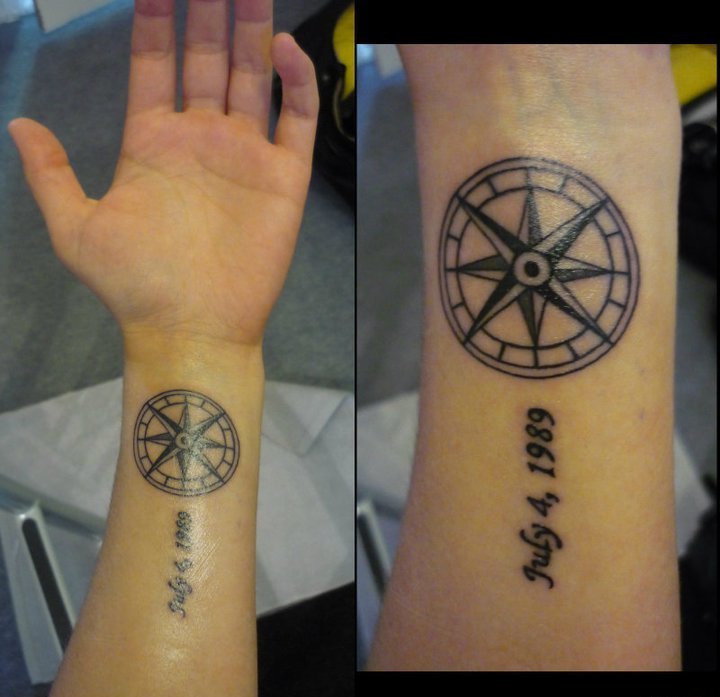 女孩手腕上的指南针纹身图案