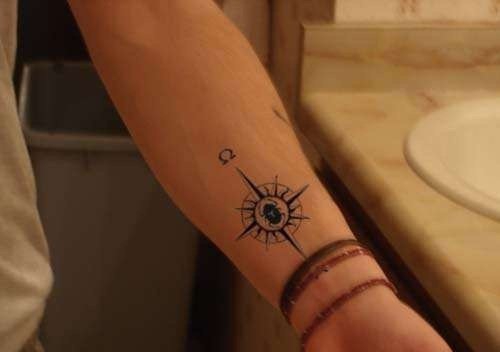 女孩手腕上的指南针纹身图案