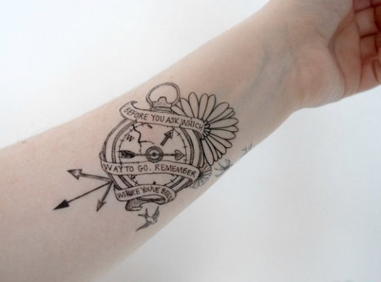 女孩手腕上的指南针纹身图案