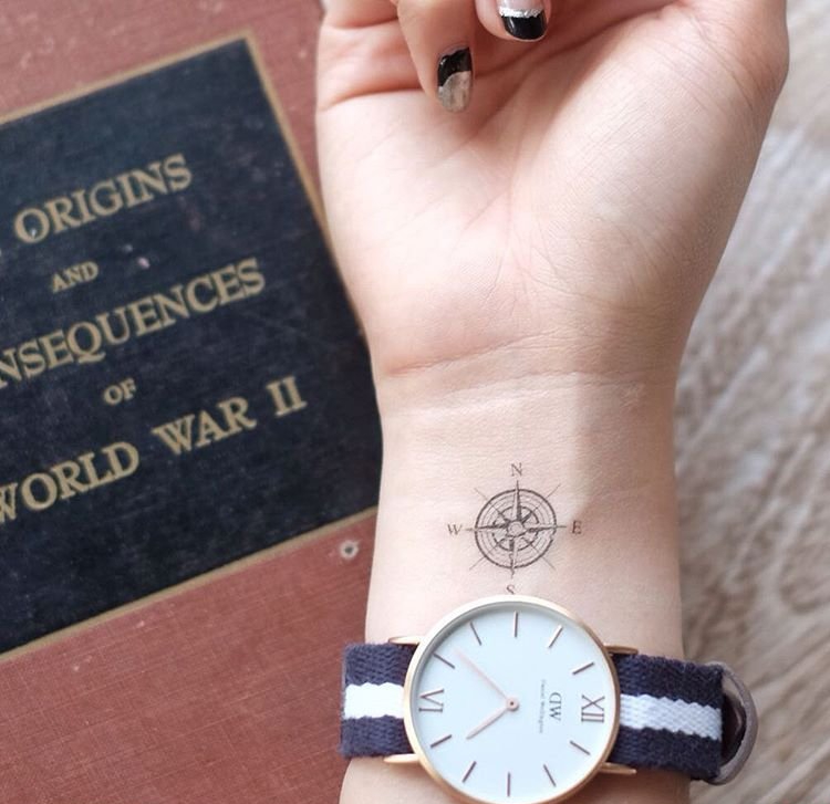 女孩手腕上的指南针纹身图案