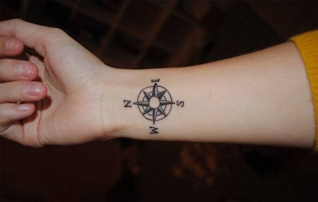女孩手腕上的指南针纹身图案
