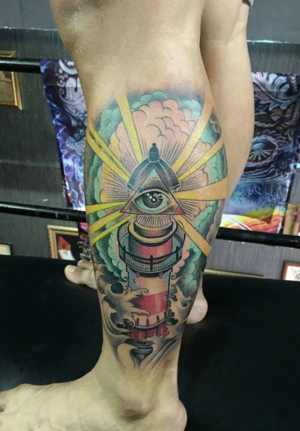 包小腿好看的五颜六色灯塔纹身图案