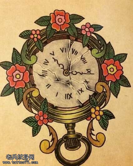 手稿风格闹钟纹身图案