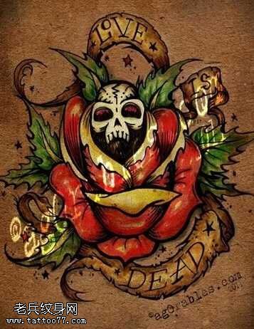 手稿玫瑰小骷髅纹身图案