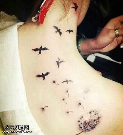 背部小燕薄公英纹身图案