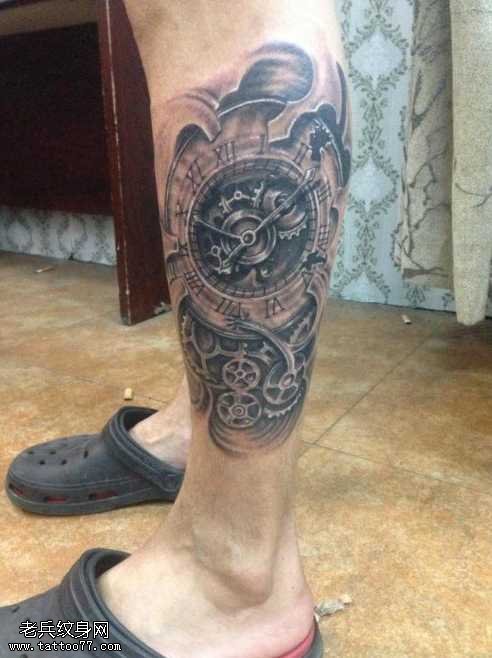 腿部闹钟机器纹身图案