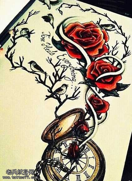 手稿玫瑰闹钟纹身图案