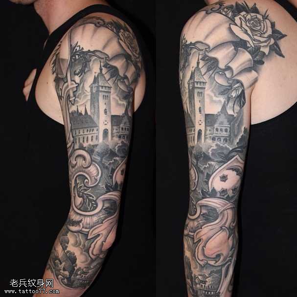 胳膊黑灰房子纹身图案