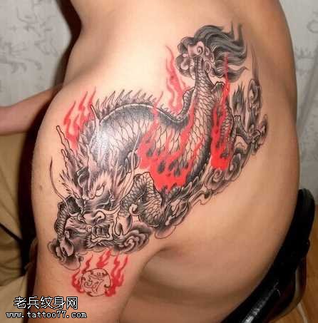 肩部大气火麒麟纹身图案