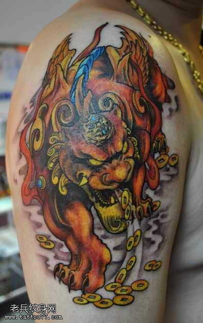 胳膊金钱麒麟纹身图案