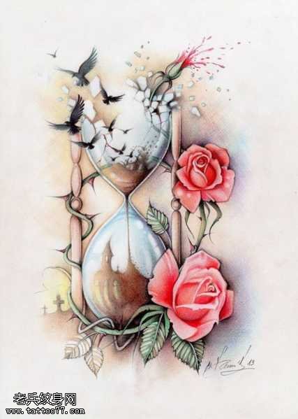 手稿沙漏玫瑰纹身图案