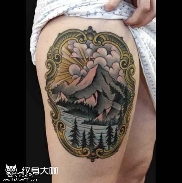 腿部雪山纹身图案