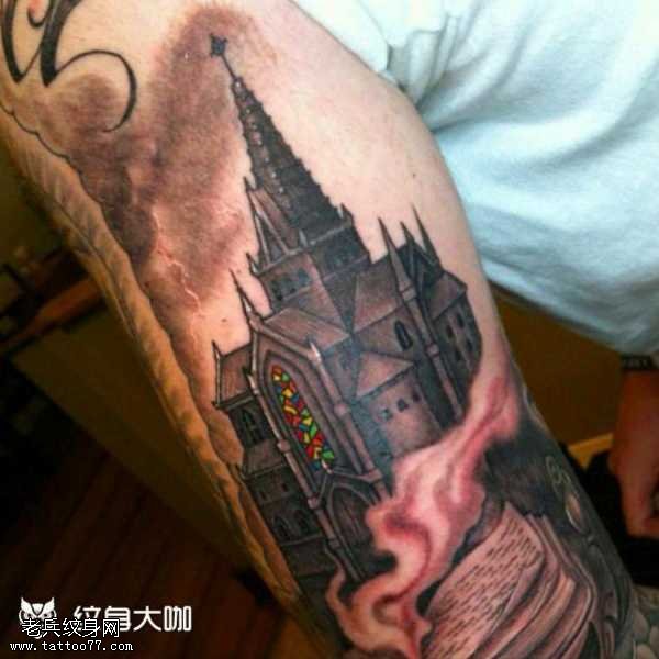 腿部很清新建筑纹身图案