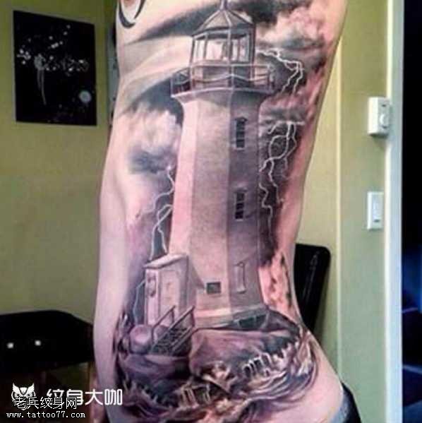 腰部个性灯塔纹身图案