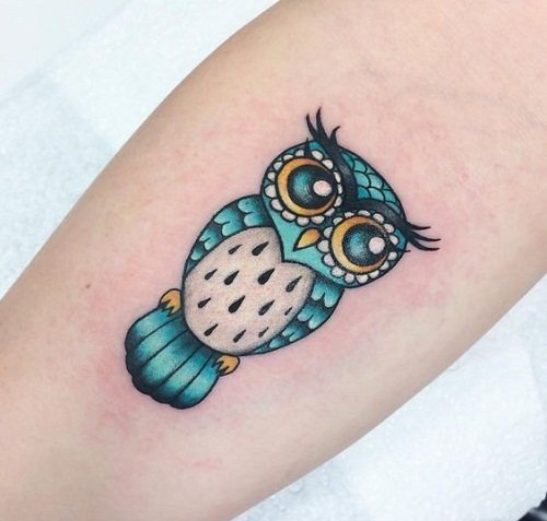 超级萌化的黑色点刺猫头鹰纹身图案