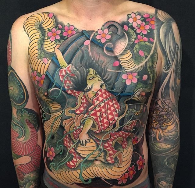 肚子上大骷髅头骨满胸大鸟纹身图案