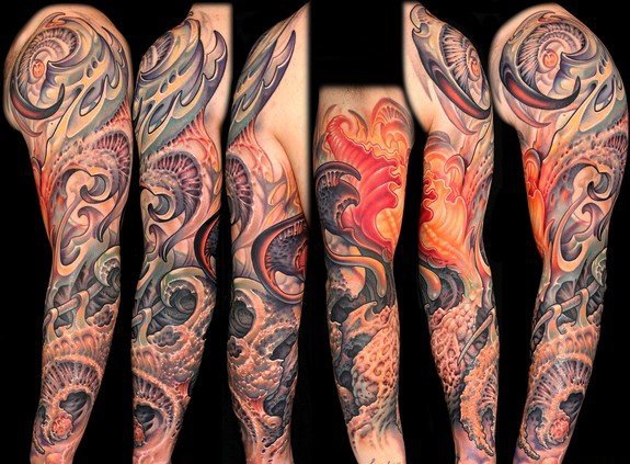 很夸张的恐怖的花腿生物机械纹身图案