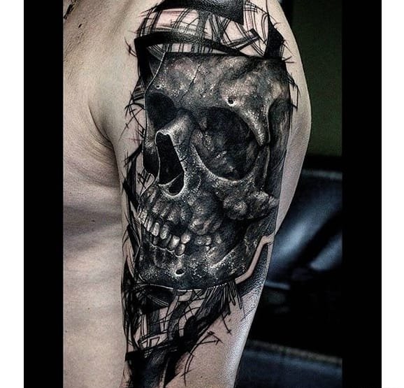 大腿上的女子面部线条纹身图案