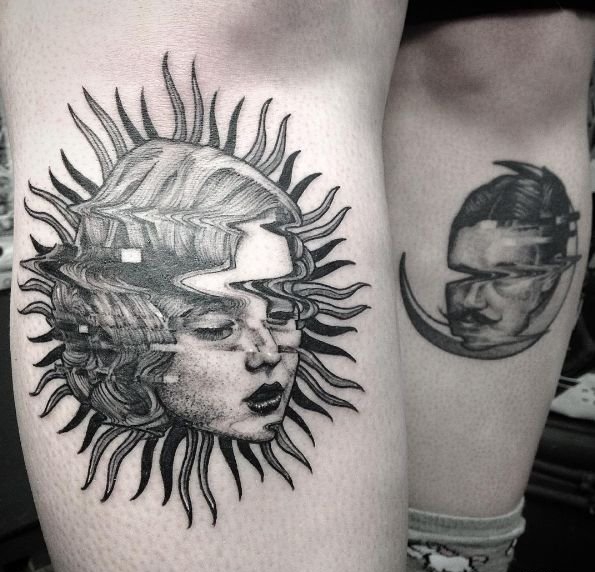 大臂上水波纹折射弯曲人物和铁路隧道纹身图案