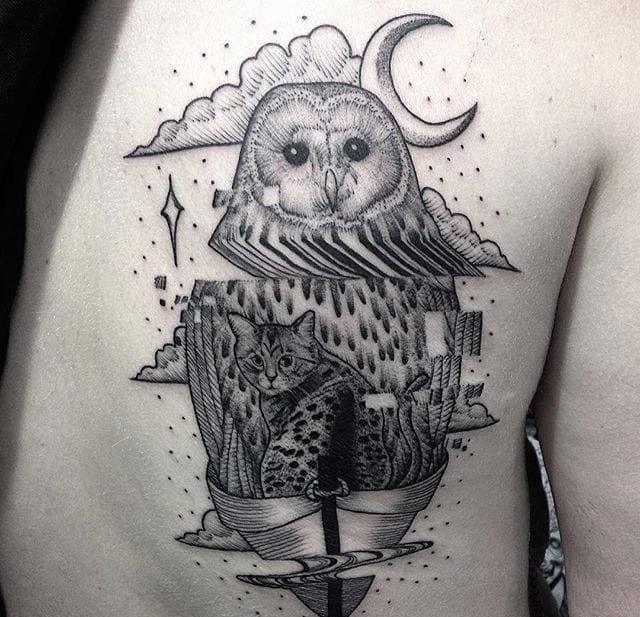 大臂上水波纹折射弯曲人物和铁路隧道纹身图案