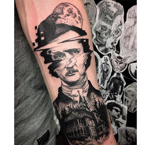 大臂上水波纹折射弯曲人物和铁路隧道纹身图案