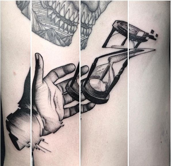 大臂上水波纹折射弯曲人物和铁路隧道纹身图案