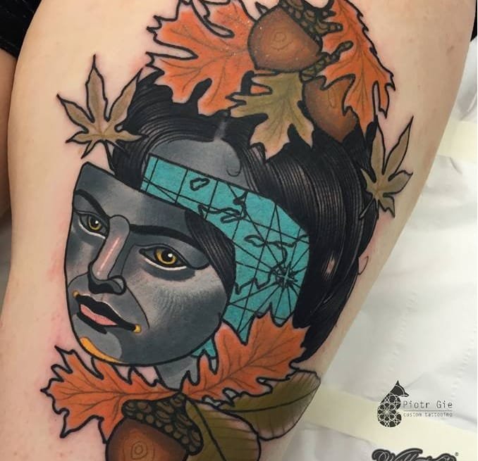 大腿上的几何图形猫头鹰纹身图案