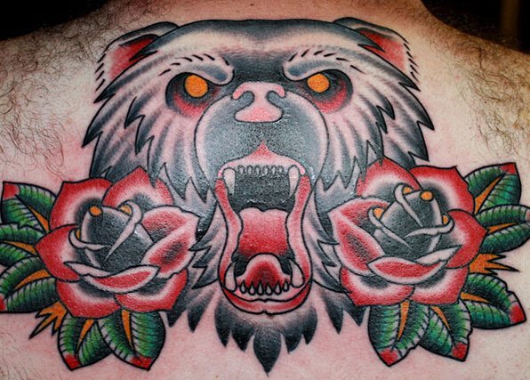 大吼的超真实熊纹身图案