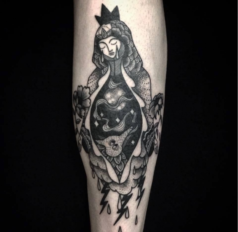 大腿上奇特的黑色人像纹身图案