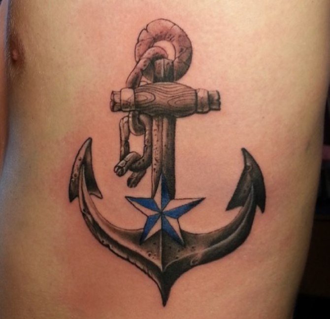 传统风格刺破红心的船锚纹身图案
