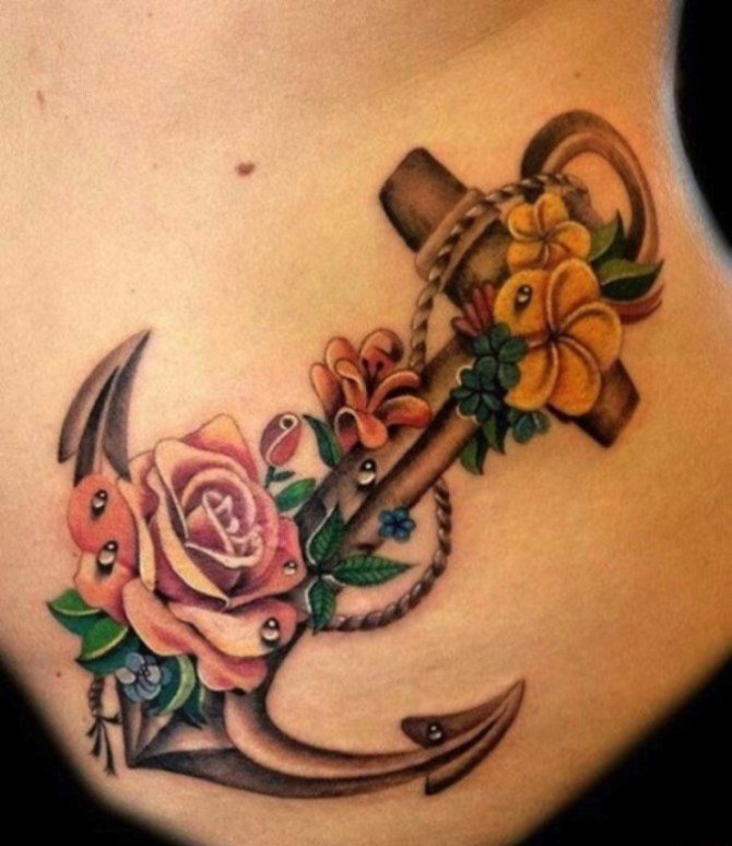 传统风格刺破红心的船锚纹身图案