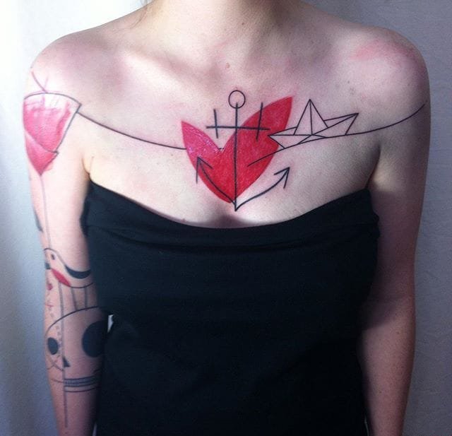 抽象的黑色和红色简单线条纹身图案