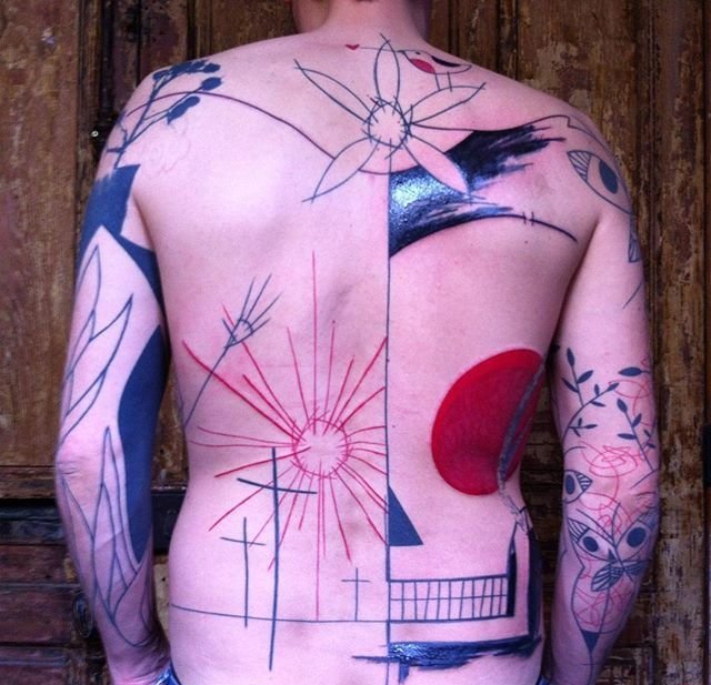 抽象的黑色和红色简单线条纹身图案