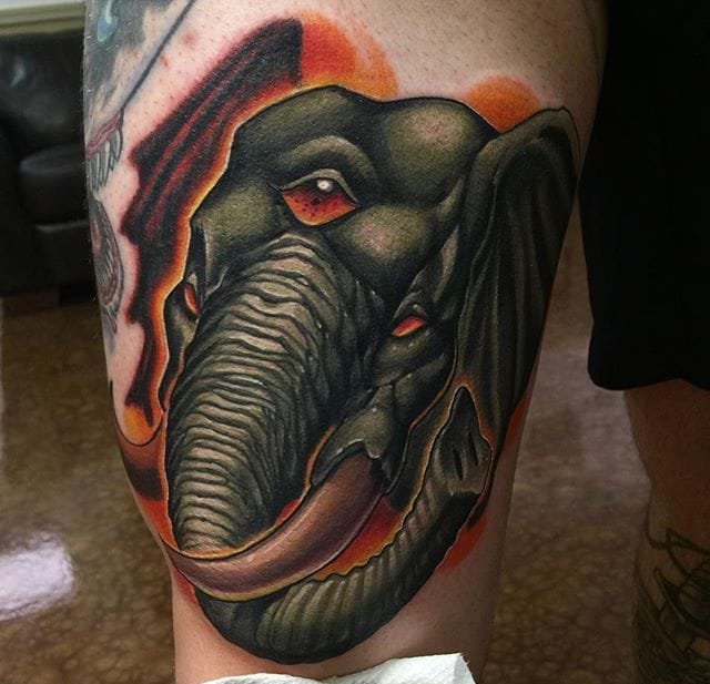 New School风格大腿三眼象纹身图案