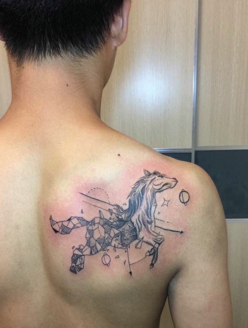 后背一匹有创意的线条骏马纹身图案