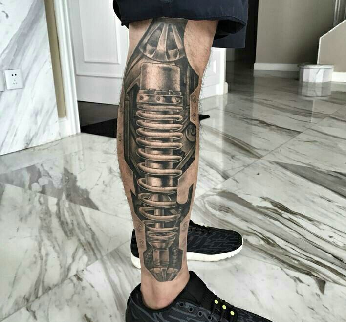 腿部外侧3d机械纹身图案很霸气