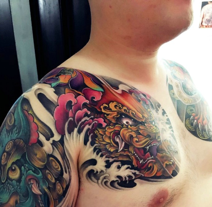 超级有男人味的双半甲般若纹身图案