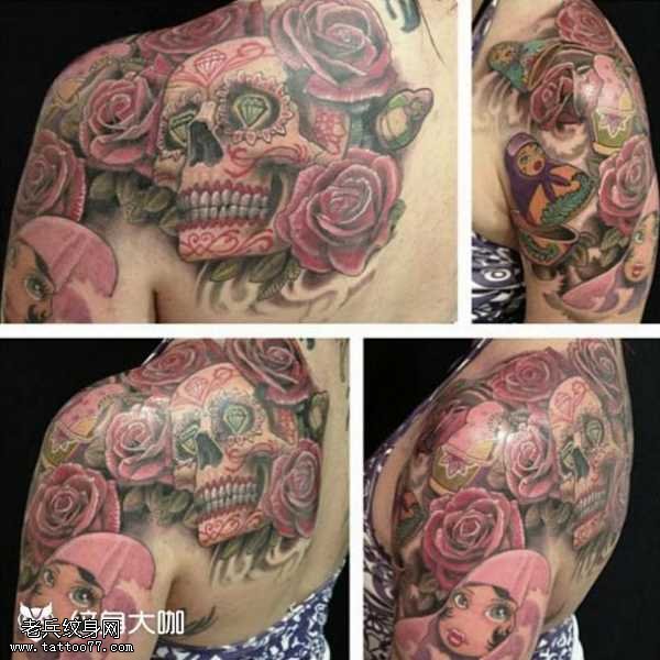 玫瑰骷髅钻石纹身图案