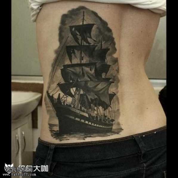 腰部大船纹身图案