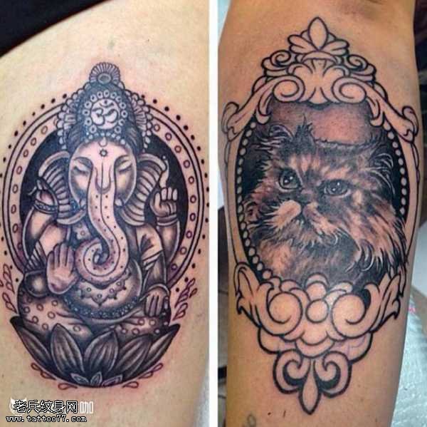 肩部象猫纹身图案